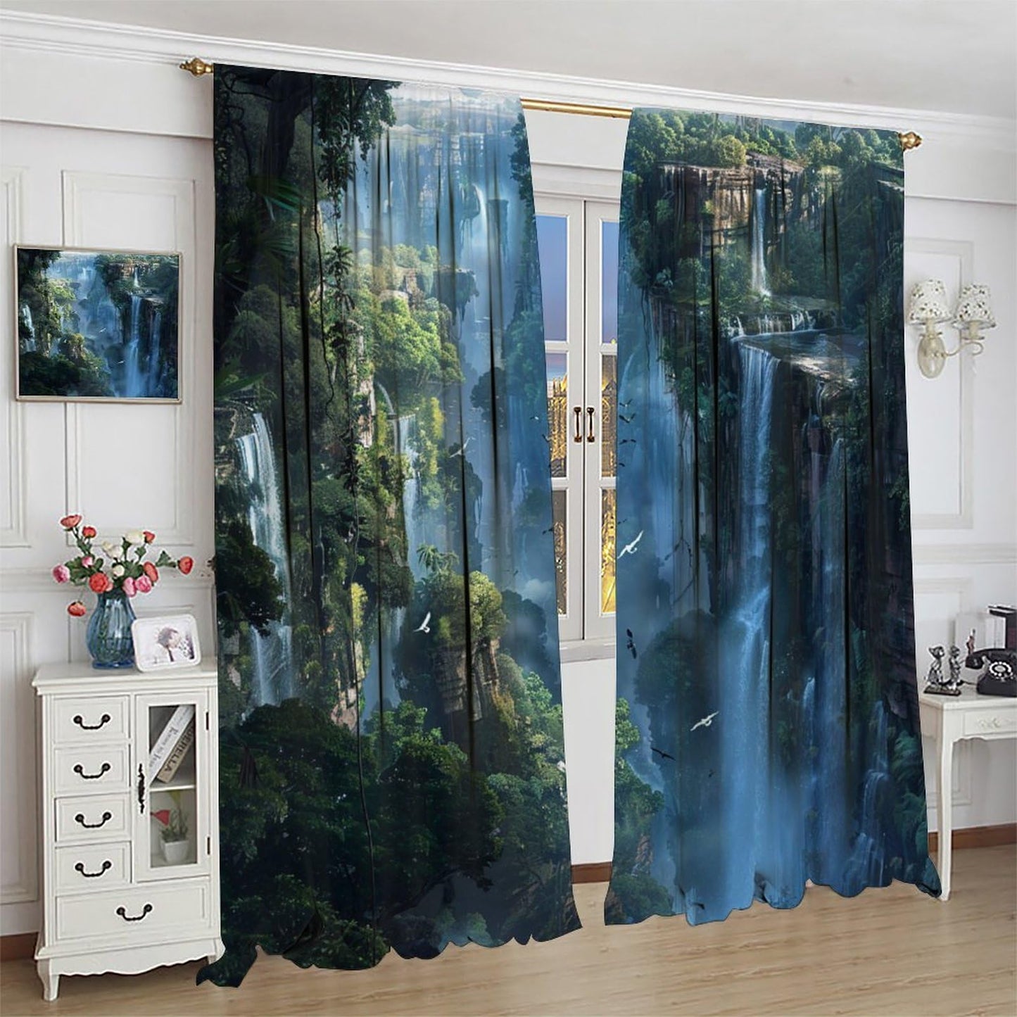 TOWINSFB Classic Waterfall Landscape Blackout Curtains, Forest Mountain Jungle Bird Home Decor Rod Pocket Window Drapes for Living Room Bedroom - 42" W x 63" L