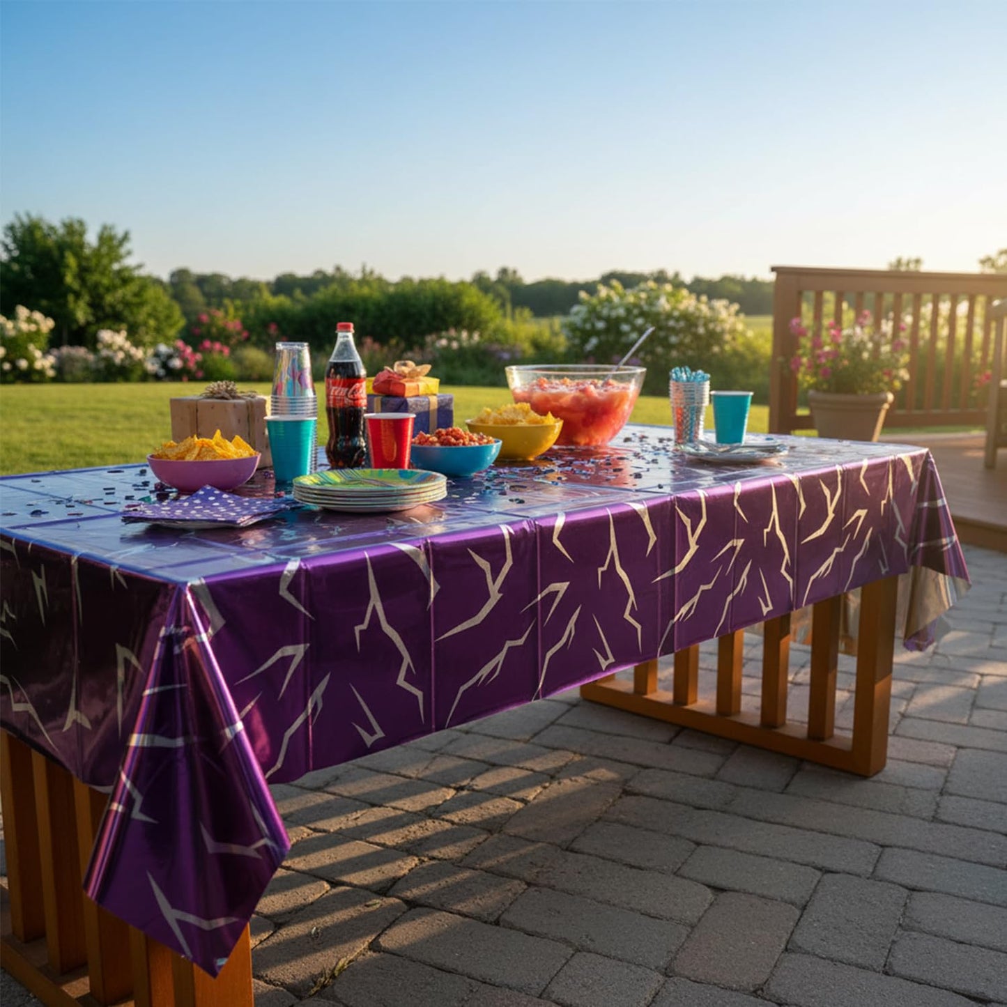 K-Style Birthday Decorations Iridescent Holographic Laser Tablecloth 2 Pack Purple Lightning Pattern Disposable Waterproof Plastic Table Covers for Girls Disco Bachelorette Party Supplies, 54x108 Inch