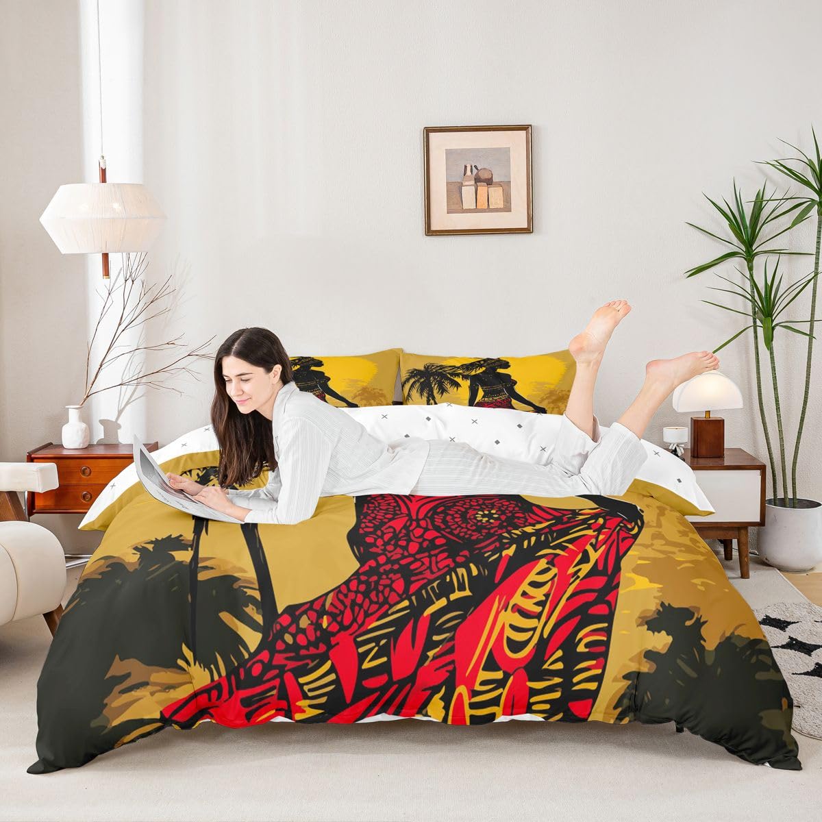 Feelyou African Woman Themed Bedding Set African Pattern Duvet Cover for Girls Women Adults Palm Tree Print Comforter Cover Ethnic Afro Style Bedspread Cover Bedroom Decor Quilt Cover 2Pcs Twin Size