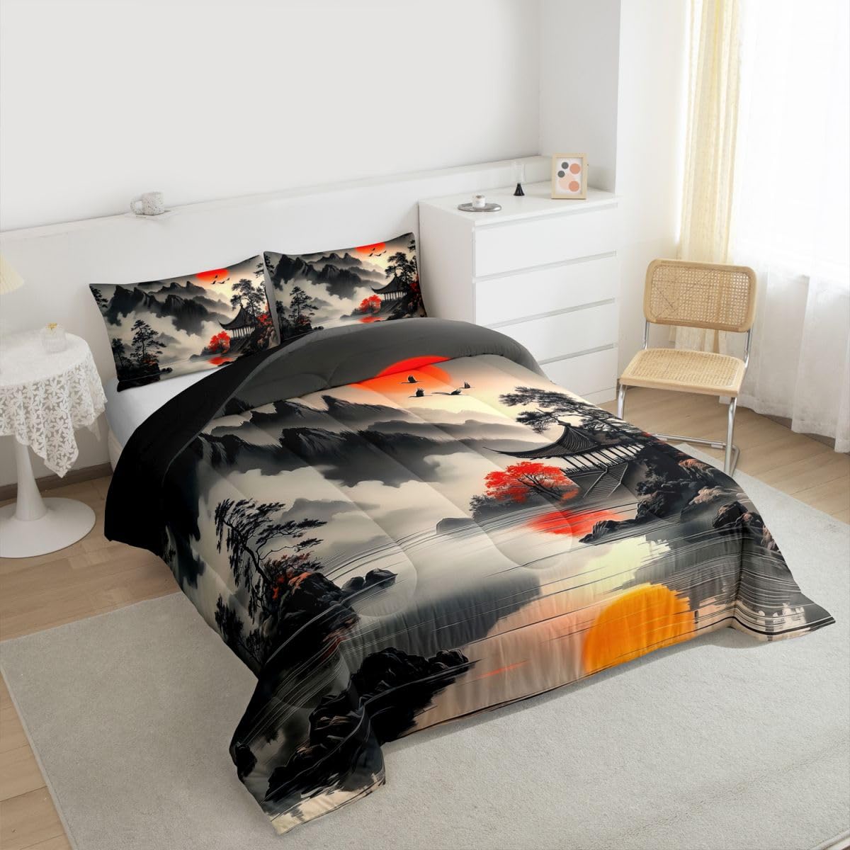 jejeloiu Chinese Ink Painting Comforter Set All Season Red Sun Bedding Set with 2 Pillow Cases Mountain Microfiber Kids Queen Bedclothes Japanese Style Bedroom Decor Duvet Quilt Breathable Soft