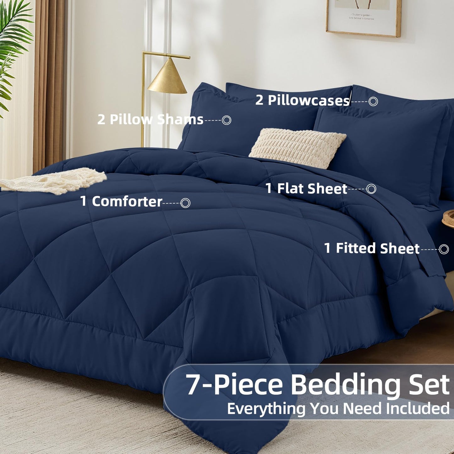 FUANNA 7 Pieces Queen Comforter Set, All Season Bed in a Bag Queen Size, Luxury Soft Bedding Sets with Comforter, Flat Sheet, Fitted Sheet, Pillowcases & Pillow Shams, Navy Blue