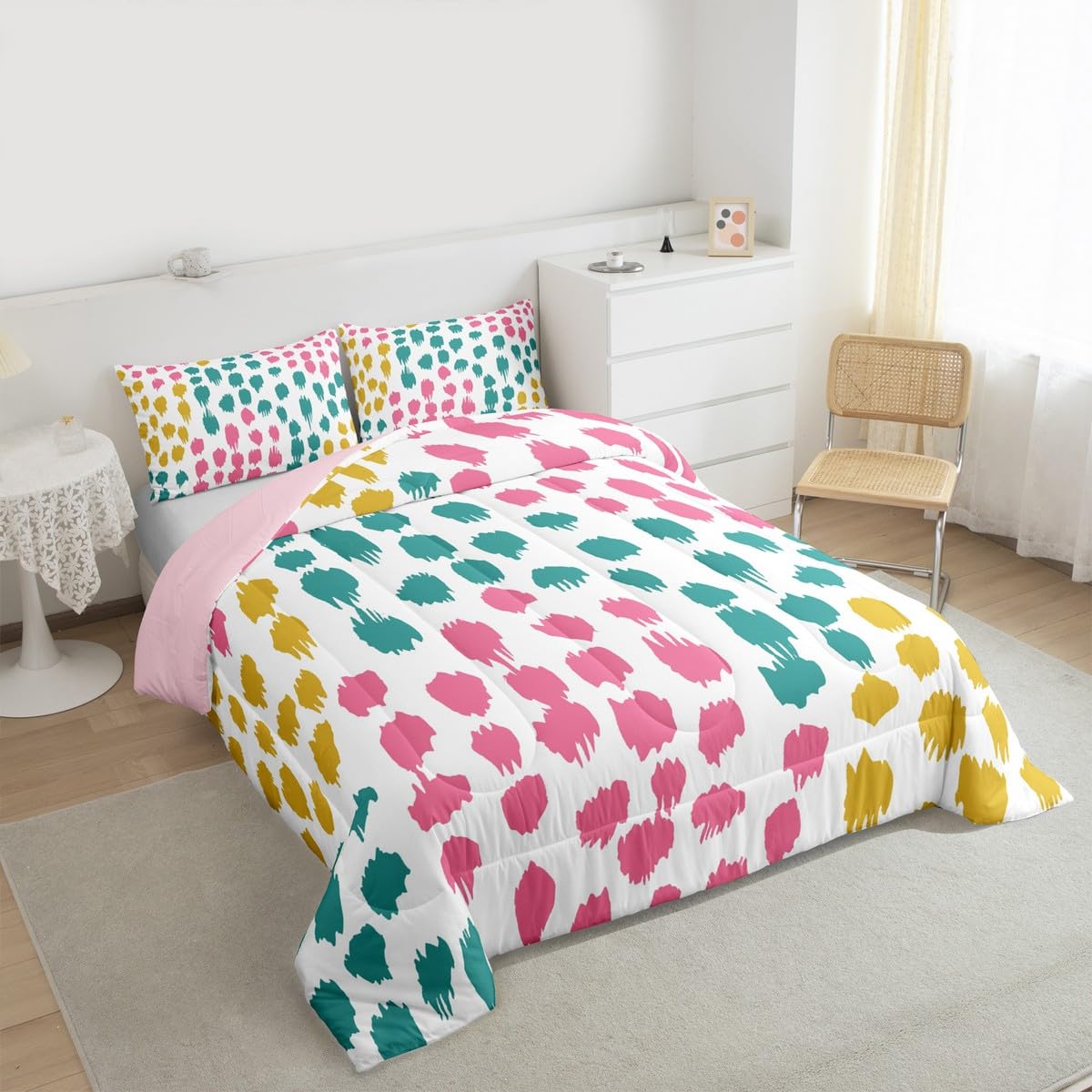 Erosebridal Abstract Spots Kids Comforter Sets Polka Dots Queen Bedding Set for Boys Girls Boho Brush Stroke Comforter Set,Geometric Circle Quilt Duvet 3 Pcs