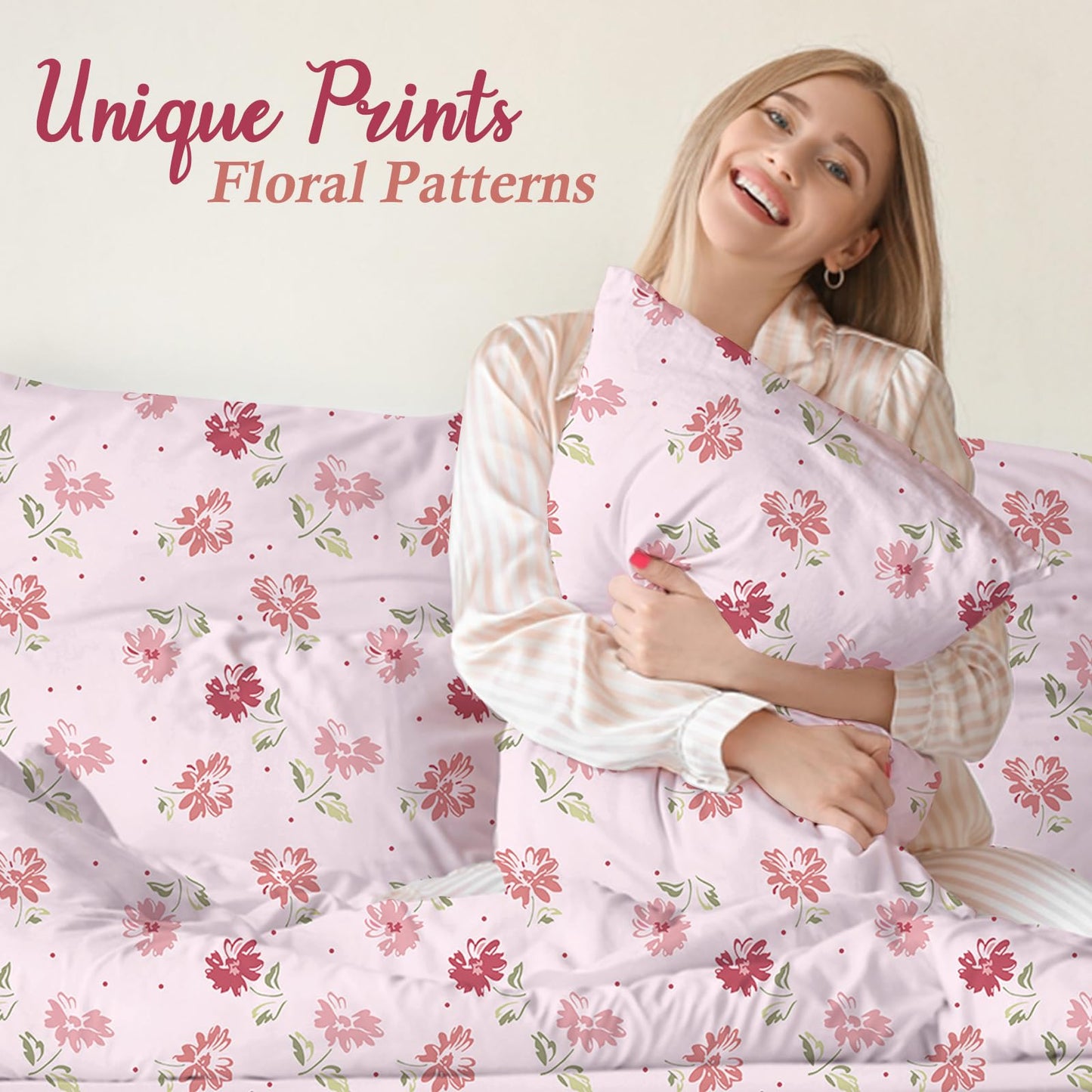MICORAL Boho Floral Queen Sheet Set, 4-Piece Printed Botanical Bed Sheets, 16" Deep Pocket, Ultra Soft & Cooling Sheet, Oeko-TEX Certified, Pink Floral