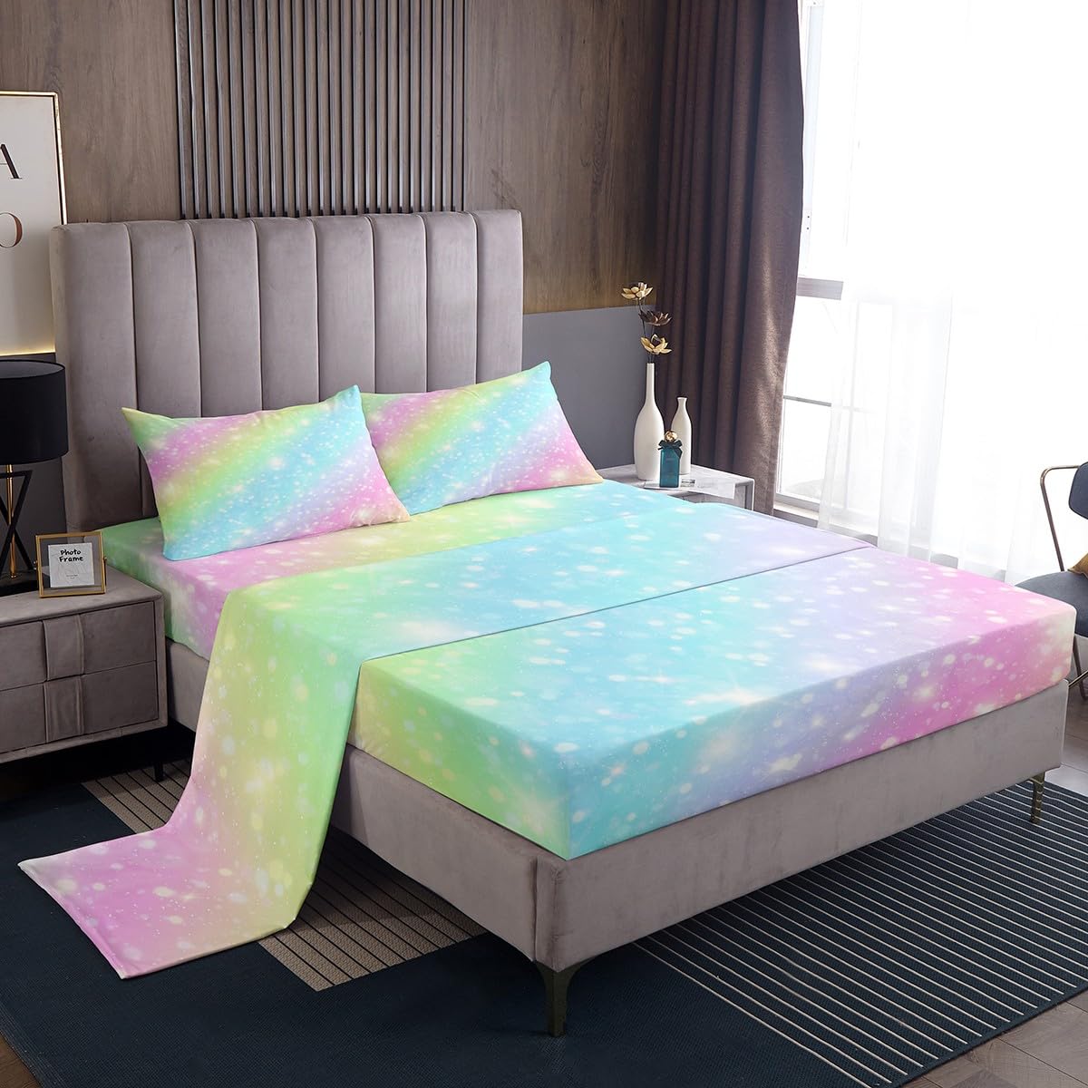 Erosebridal Rainbow Bedding Sets for Girls Kids Teens Tie Dye Pastel Bed Sheet Set King Size Golden Glitter Girly Sweet Sheet Set Abstract Watercolor Art Fitted Sheet + Flat Sheet + 2 Pillow Cases