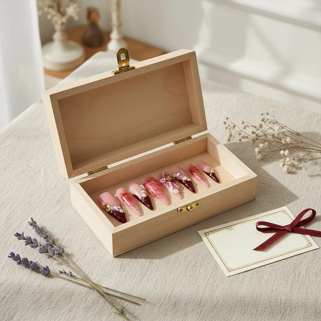 10pcs Handmade Press on Nails Long Stiletto False Nails Red French Tip Fake Nails with 3D Flower Designs Sparkly Charm luxury Artificial Nails Reusable for Women (Size M）