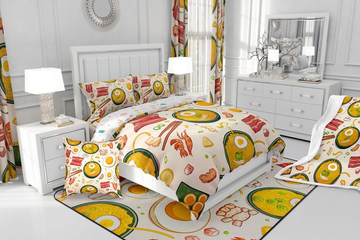Erosebridal Ramen Noodle Queen Comforter Set,Japanese Food Bedding Set Ramen Gifts for Kids Boys Girls,Funny Food Quilt Bed Set Anime Style Bedding Comforter Sets with 2 Pillowcases Room Decor