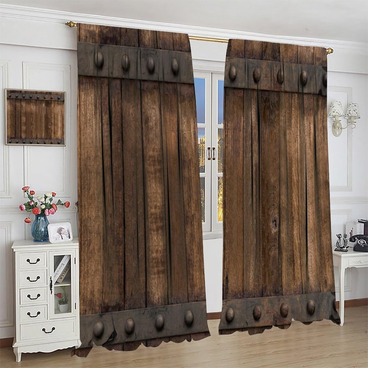 Nanacur Rustic Wooden Barn Door Curtains, Wood Brown Old Rod Pocket Window Treatments for Girl Boy Bedroom Living Room Office Drapes 41" W X 45" L (No Blackout)