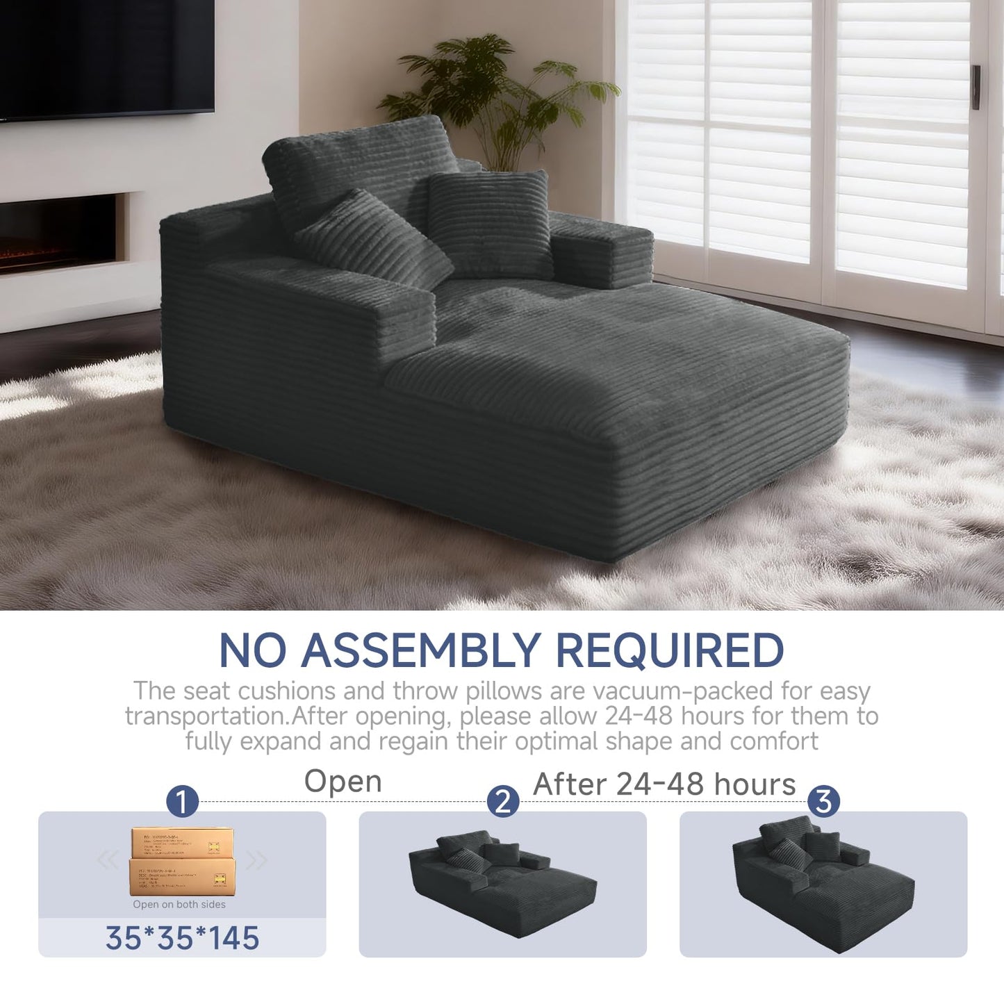 68" Chaise Lounge Chair Indoor, Corduroy Upholstered Boneless Sofa Bed, Deep Seat Sleeper Couch Reading Chairs, Oversized Comfy Cloud Sofas Couches for Living Room, Bedroom (Dark Grey, Oversized)