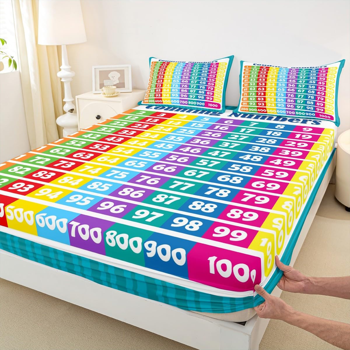 Numbers Alphabet Fitted Sheet Twin, Educational Learning Bedding Set for Kids Boys Girls Numbers Bed Sheet Set Learning Time Bed Cover (1 Pillow Case and a Fitted Sheet)