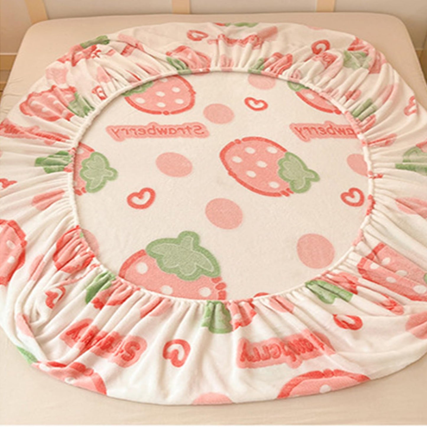 MorroMorn Fleece Fitted Sheet Full Only, Super Soft Plush Bottom Sheet with 20" Deep Pocket, Kawaii Cute for Girls Kids Teen Fall Winter Spring, No Pillowcases (Pink Strawberry, Full Size)