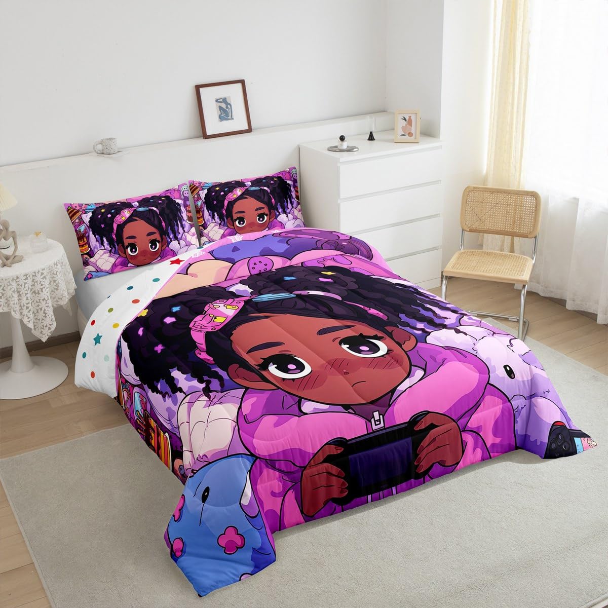 Erosebridal Black Girls Bedding Set Gaming Afro Girl Twin Comforter Set for Girls,American African Princess Magical Quilt for Toddler Kids Teenager,Cute Room Decor