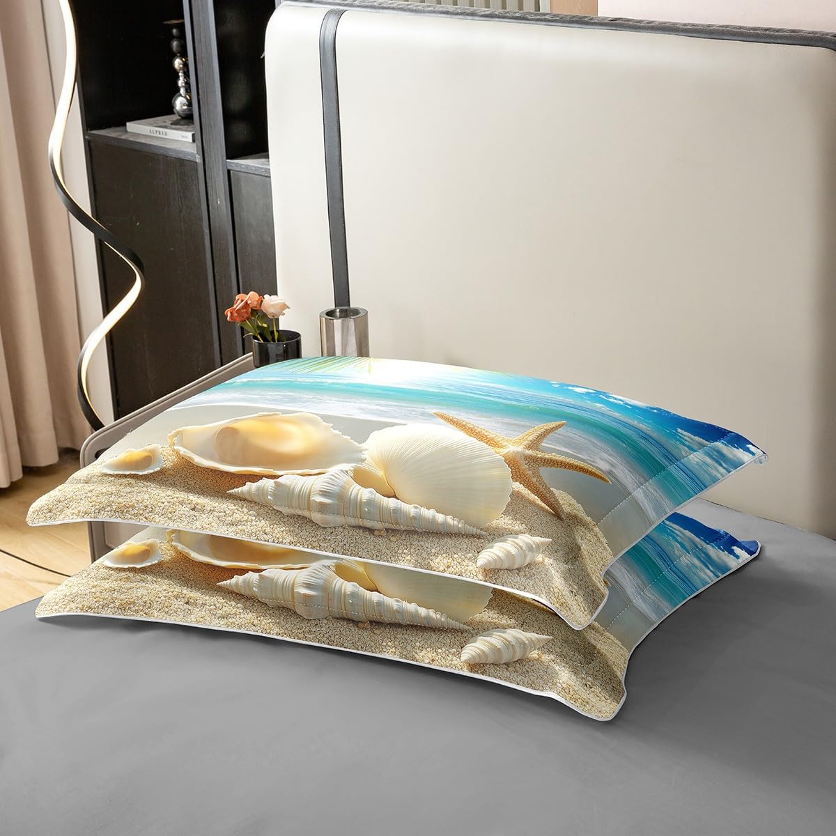 100% Cotton Beach Themed Bedding Sets Twin Blue Ocean Comforter Cover Seashell Starfish Printed Bed Sets Beach Coastal Duvet Cover 1 Duvet Cover 1 Pillowcases for Kids Teens Adults (No Comforter)