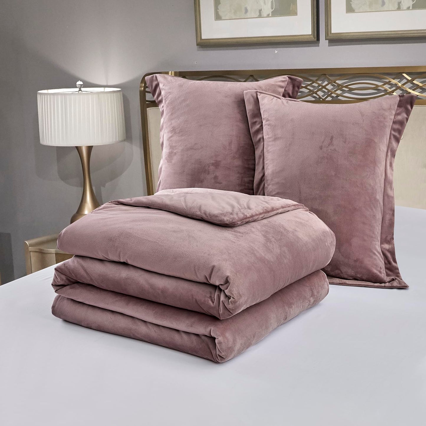 HUMESIIL Poly Plush Comforter Set, Poly Plush Fabric for Both Front and Reverse, with Downalternative Fill, 3 Pieces King 106"x96", Dusty Mauve