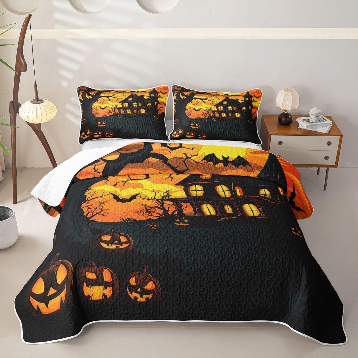 Feelyou Pumpkin Castle Bat Quilt Set 3 Pieces Queen Size Gothic Horror Quilted Bedding for All Season Happy Halloween Kids Boys Girls Bedspread Coverlet Set with 2 Pillowcases