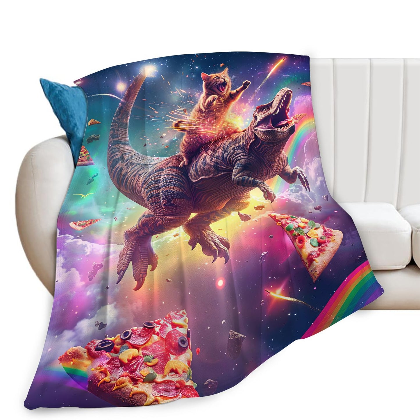 Cat and Dinosaur Blanket Rainbow Pizza Dino Cat Throw Blanket Gifts for Adults Men Women Boys Girls Kids Super Soft Cozy Plush Fluffy Fuzzy Fleece Blanket Decor 50''X60''
