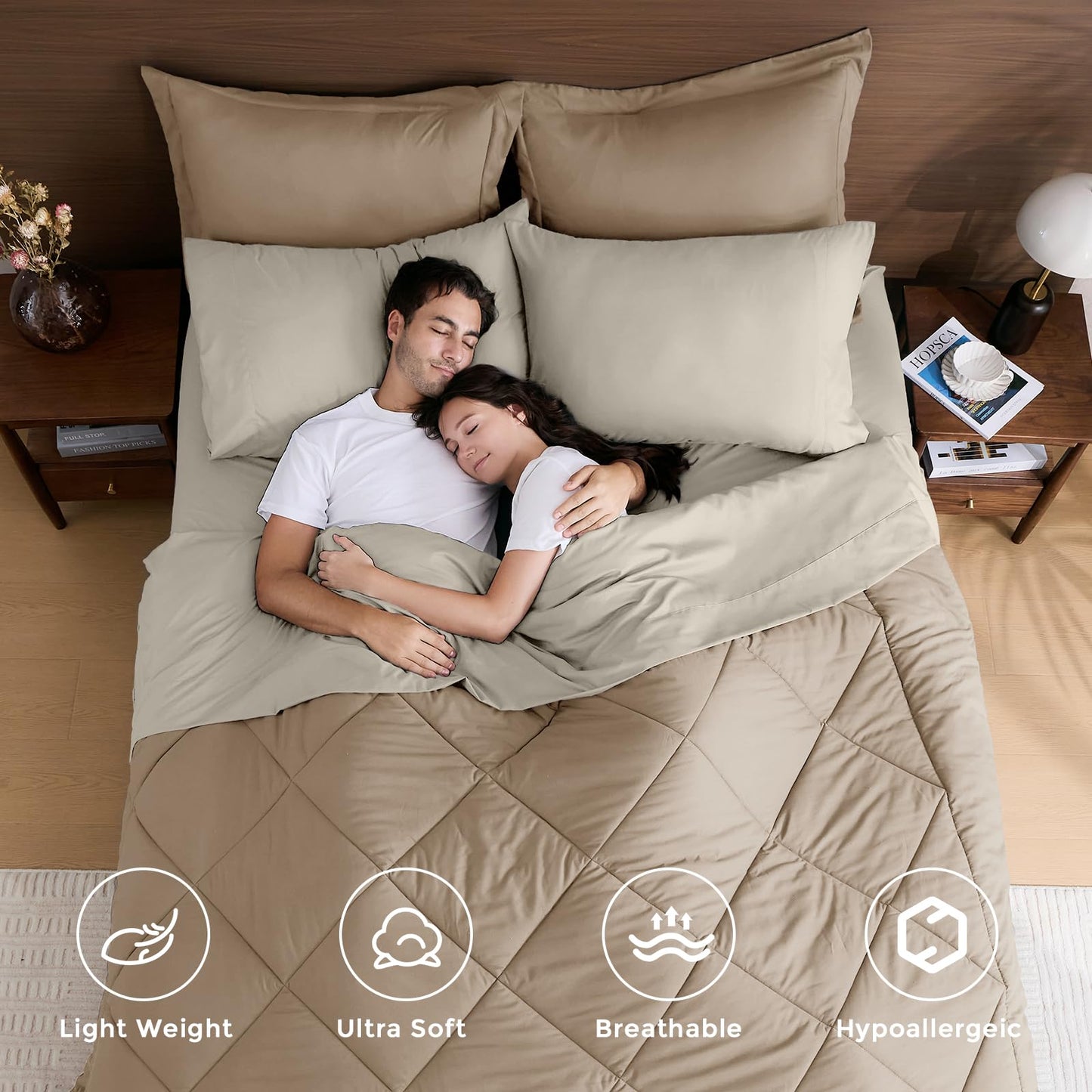 HEVUMYI Khaki & Linen Queen Comforter Set - 7-Piece All Season Bed in a Bag Queen, Ultra Soft Bedding Set with Comforter, Flat Sheet, Fitted Sheet, Pillowcases, Pillow Shams