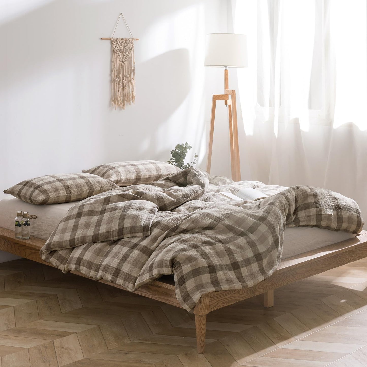 VM VOUGEMARKET Beige Grey Gingham Duvet Cover Queen Muslin Cotton Plaid Bedding Set Soft Breathable Linen Like Gauze Comforter Cover with Zipper Closure for Teen Men-3 Pieces,90"x90"