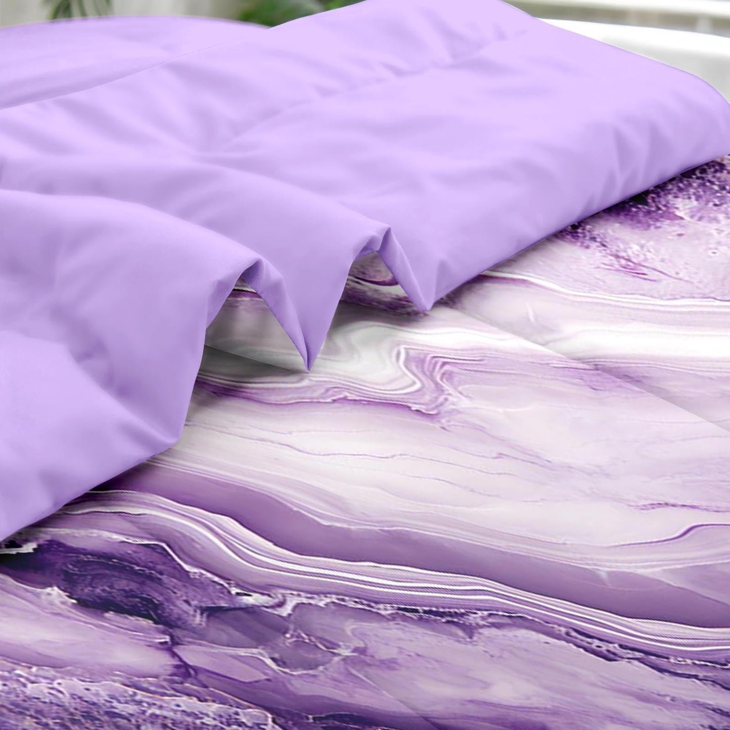 Pamnest Comforter Set Queen Size, Purple Marble Black Gold 7 Pcs Bedding Set for Kids and Adults, Painting Pink Bed Sheet Sets with Fitted Sheet 2 Pillowcase & 2 Sham for Bedroom Bed Decor