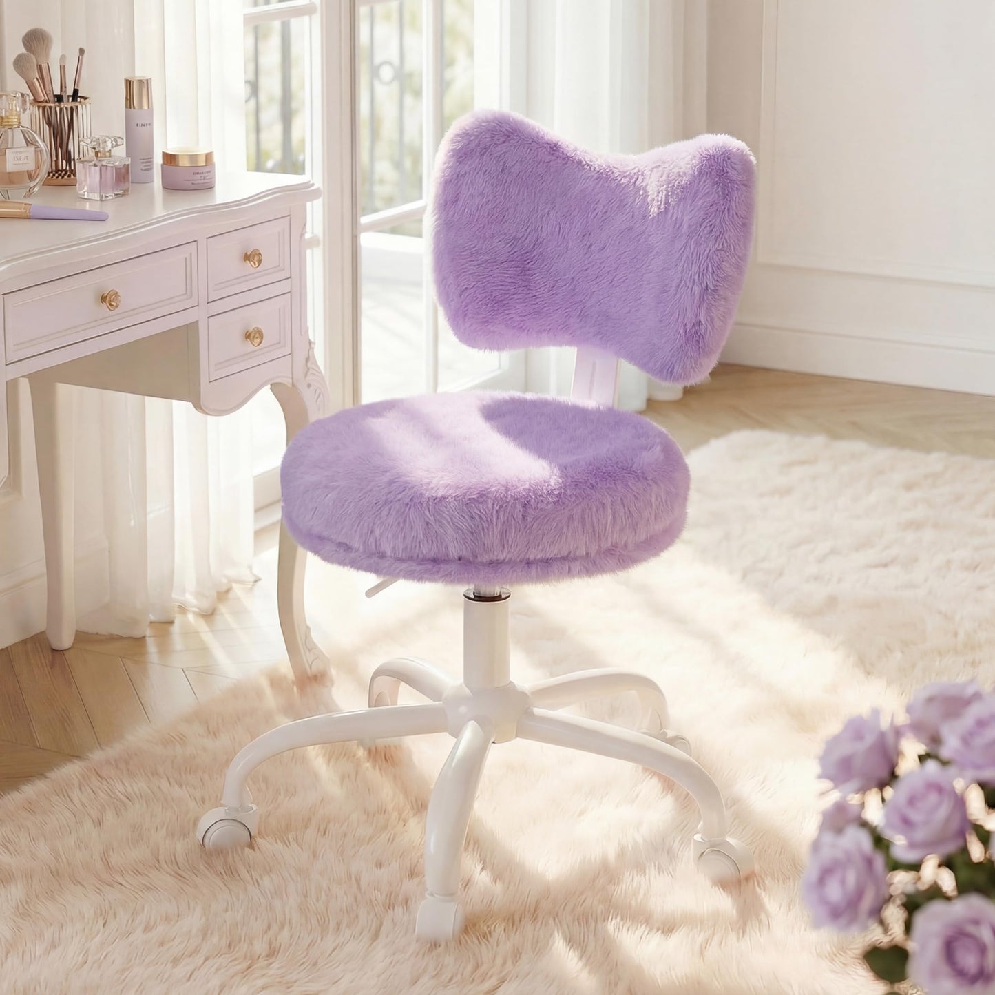 Homkdom Vanity Chair with Wheels, Cute Desk Chair with Bow Backrest, Fluffy Faux Rabbit Fur Small Office Chair for Vanity, Make-up Room, Bedroom, Dorm, Height Adjustable, Purple