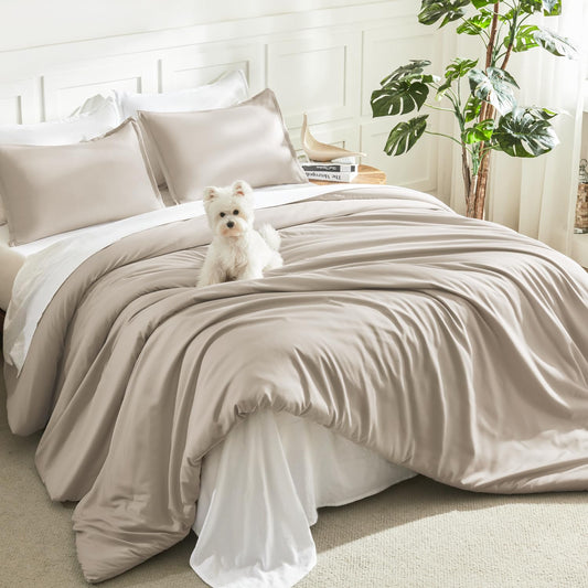 Litanika Oatmeal Comforter King Size, 3 Pieces Lightweight Solid Bedding Comforter Set, All Season Fluffy Bed Set