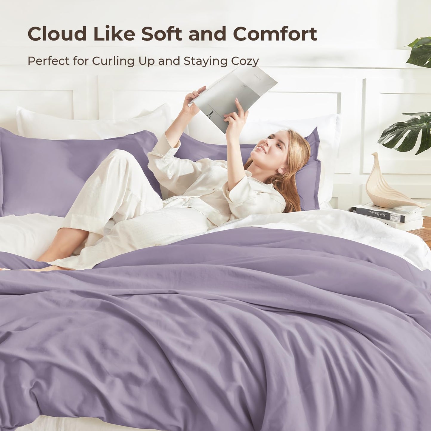 Litanika Grayish Lavender Purple Comforter Set King Size, 3 Pieces Lightweight Solid Bedding Comforter Set, All Season Fluffy Bed Set (104x90In Comforter & 2 Pillowcases)