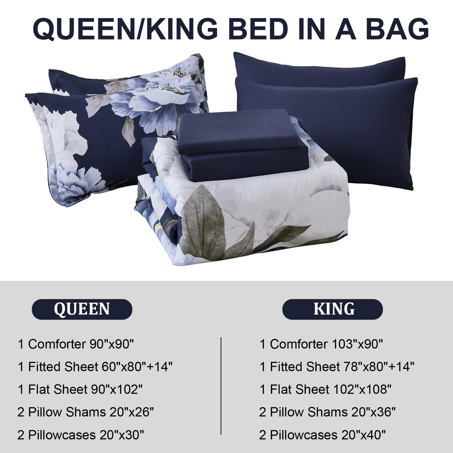 Dobuyly Navy Blue Comforter Set Queen Size 7 Piece Bed in a Bag, Floral Comforter Set with Sheets, Soft Microfiber Botanical Flowers Complete Bedding Set for All Season