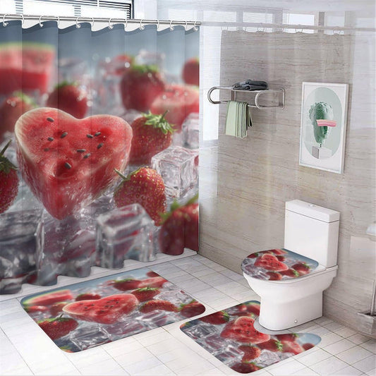 INSFBRB Realistic Rustic Watermelon Shower Curtain Sets with Rug,Toilet Lid Cover and Bath Mat,Colorful Modern Summer Ice Cubes Fruit Watermelon Strawberries 4 Piece Bathroom Set