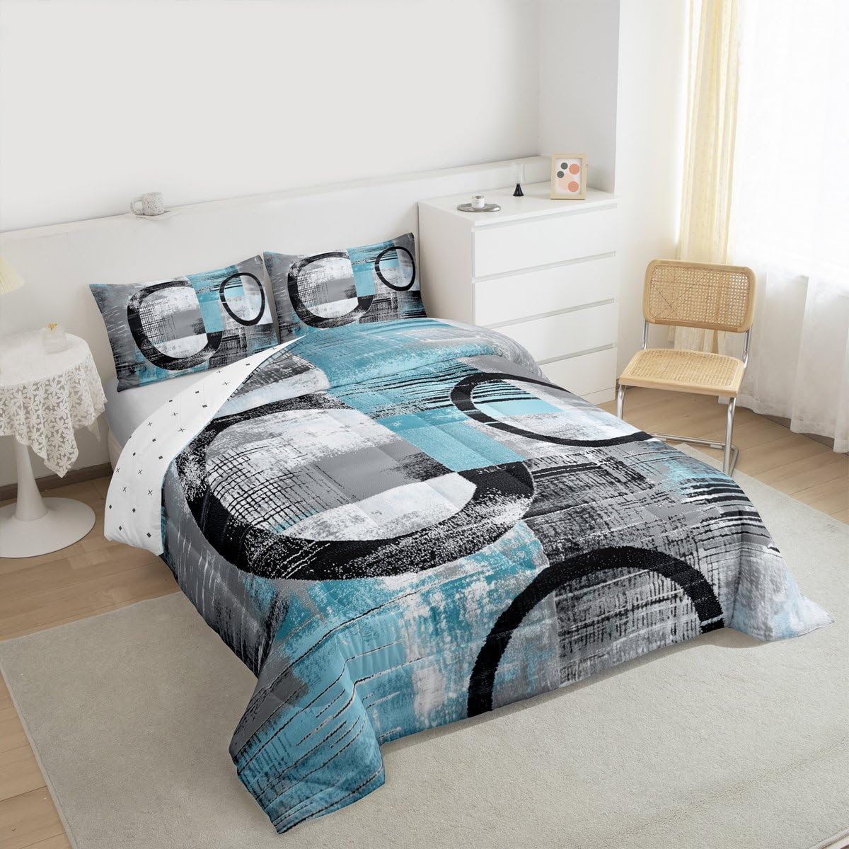 Feelyou Abstract Comforter Set Full Size Modern Abstract Art Bedding Set Geometric Duvet Quilt Luxury Bedroom Decor Blue 3 Pcs with 2 Pillow Cases