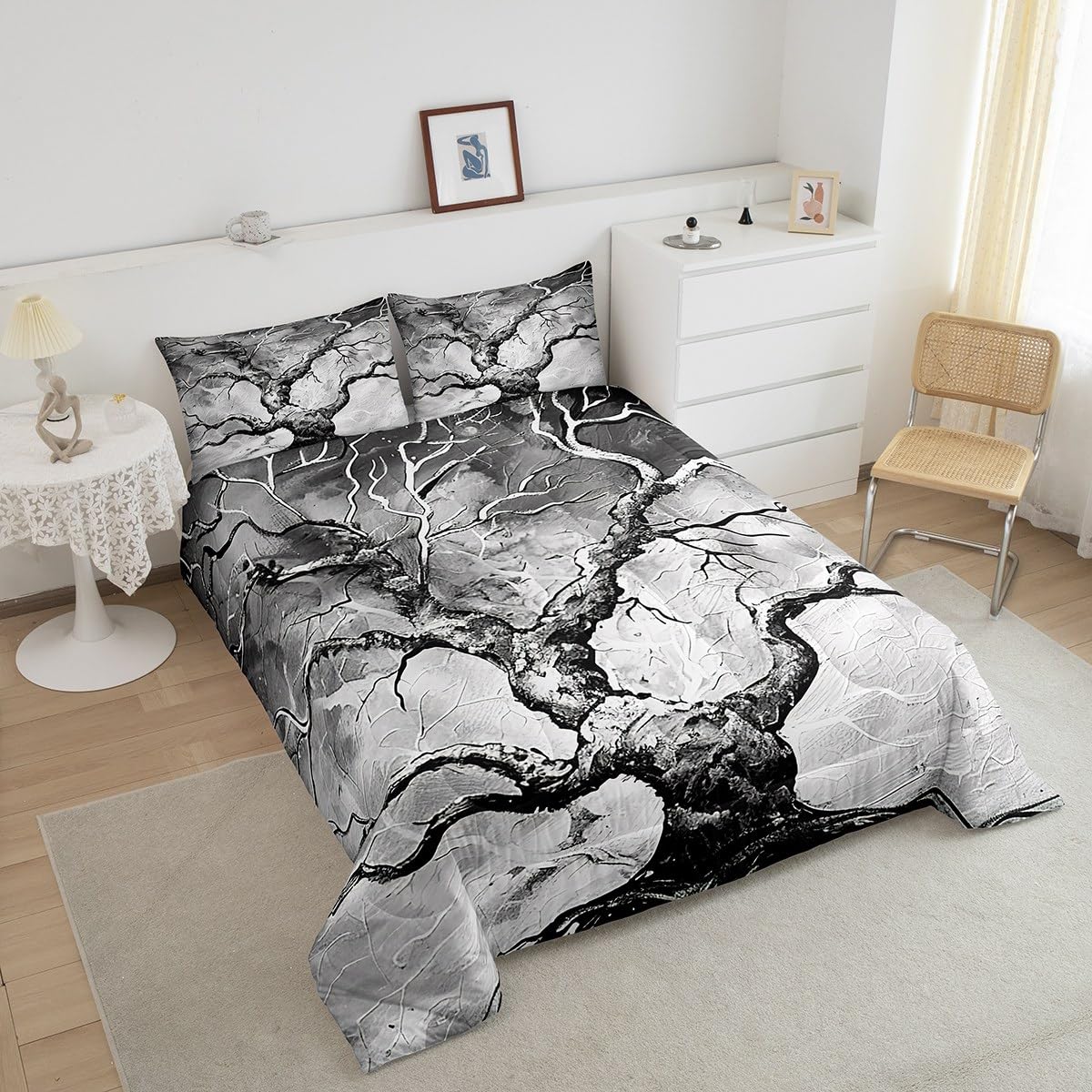 Manfei Tree Branch Comforter Set,Grey Tree Bedding Set Kids Teens Modern Decor,Modern Artwork Geometric Comforter with 1 Pillowcase for All Seasons,Twin