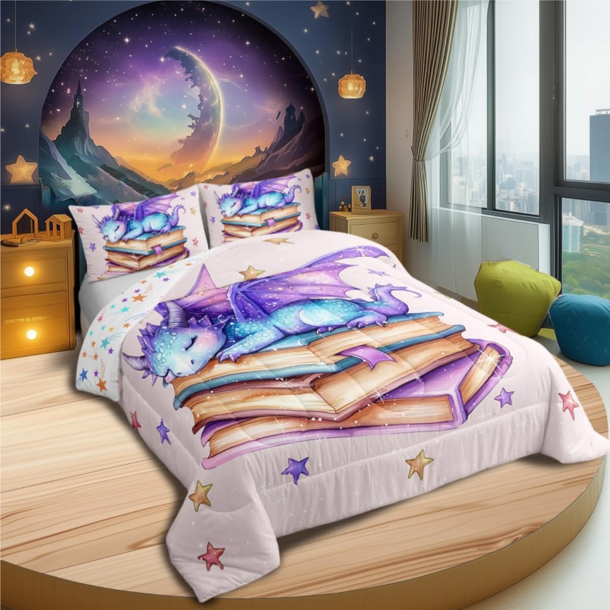 Castle Fairy Blue Purple Dragon Comforter Toddler,Dreamy Cartoon Starry Sky Quilt Comforter with 1 Pillowcase,3D Dragon Wildlife Glittering Stars Pattern Bedding Set Comfortable,Soft and Breathable