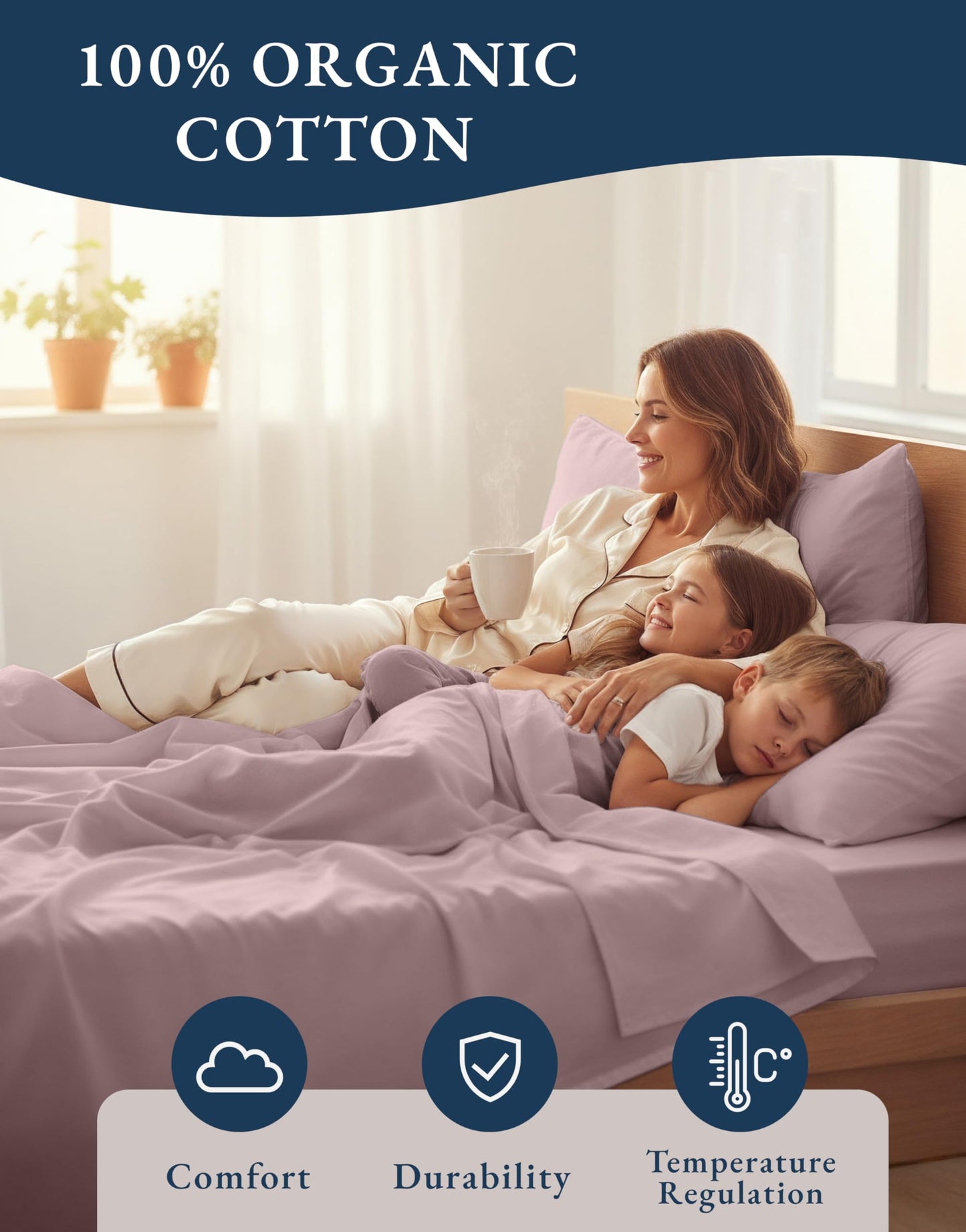 LANE LINEN Cotton Percale Sheets Queen 100% Organic Cotton GOTS Certified Percale Weave Deep Pocket 4 Piece Soft Breathable Cooling Lightweight All Season Machine Washable Crisp - Lilac