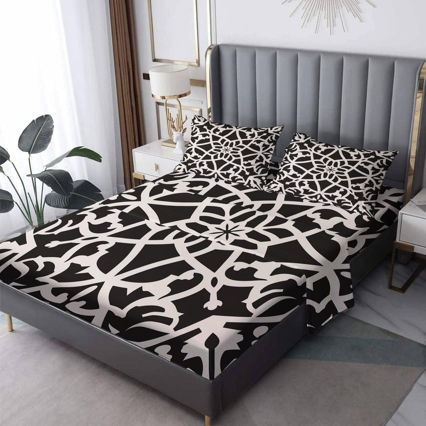 NOGAWA Abstract Black and White Sheets Queen, Vintage Ethnic Bed Sheets, Deep Pocket & Soft Microfiber Bedding Sheets & Pillowcases 4 Piece - Fitted Sheet & Flat Sheet & 2 Pillow Cases