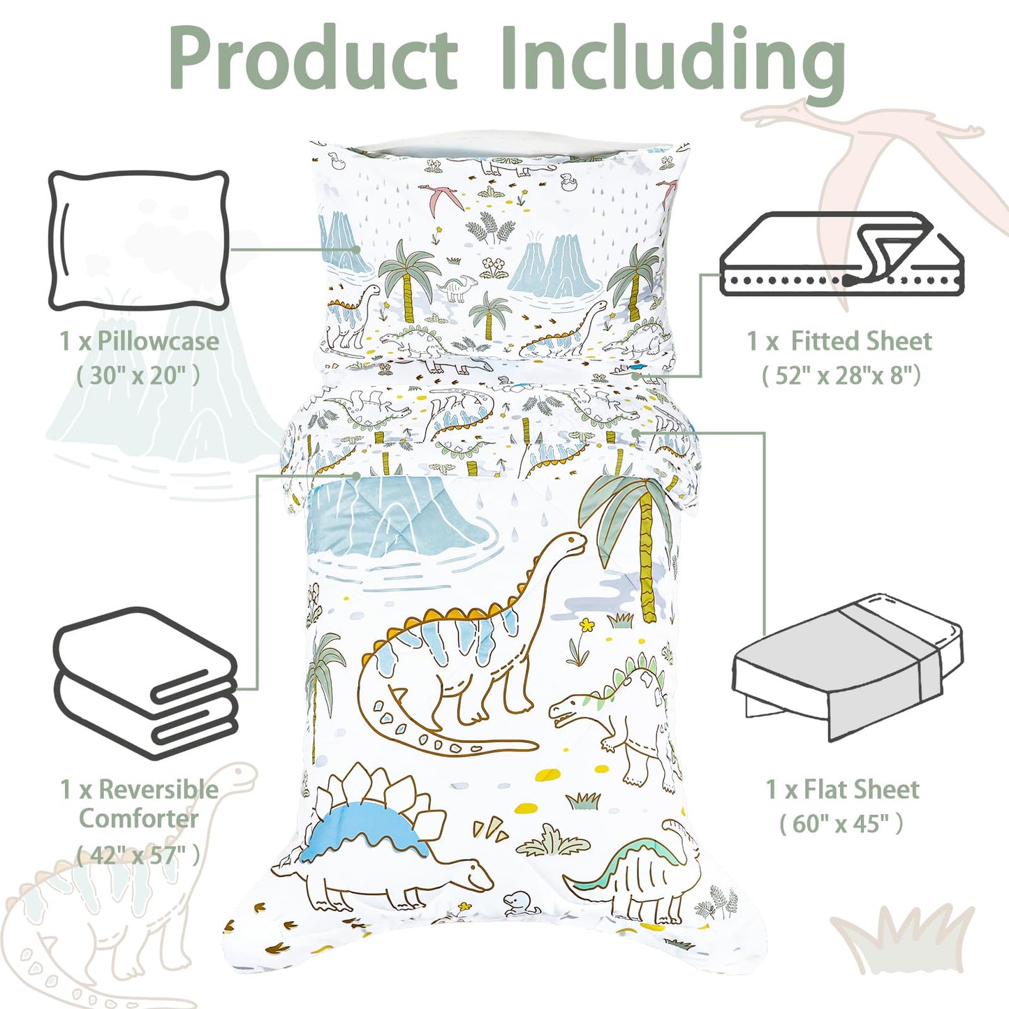SWESEN Toddler Bedding Set for Boys, Cute Dinosaurs Toddler Boy Bedding Set, Soft & Lightweight 4 Piece Toddler Comforter Sets Include Comforter, Flat Sheet, Fitted Sheet, Pillowcase