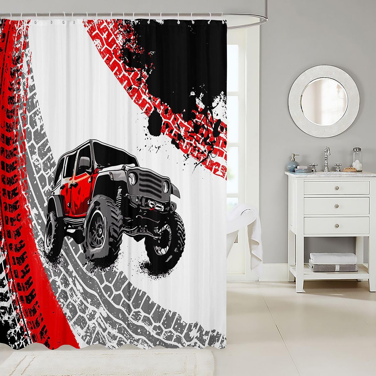 Feelyou Car Shower Curtain 72"x78" Offroad Vehicle Wheel Print Bath Curtain for Boys Girls Teens Truck Bathroom Shower Curtain Set Racing Car Kids Bathroom Accessories Red Black