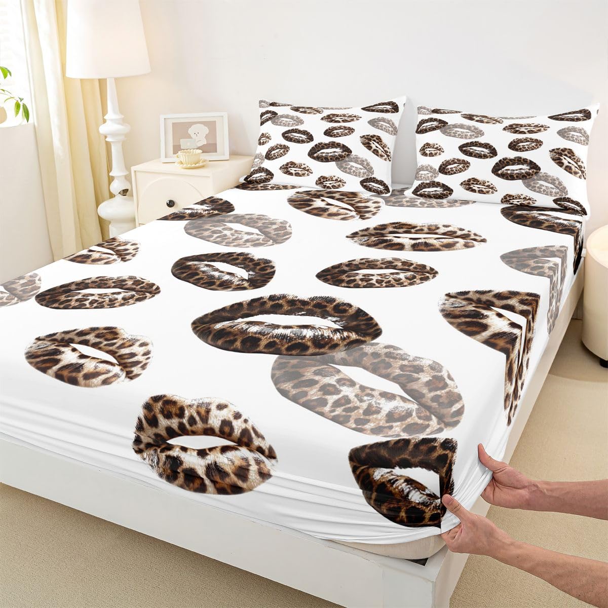 Feelyou Leopard Print Lips Fitted Sheet with 2 Pillowcases Full Size Romantic Kissing Lips Bed Sheets Set 16" Deep Pocket Boys Girls Cheetah Print Bedding Teens Bedroom Decor Soft Microfiber