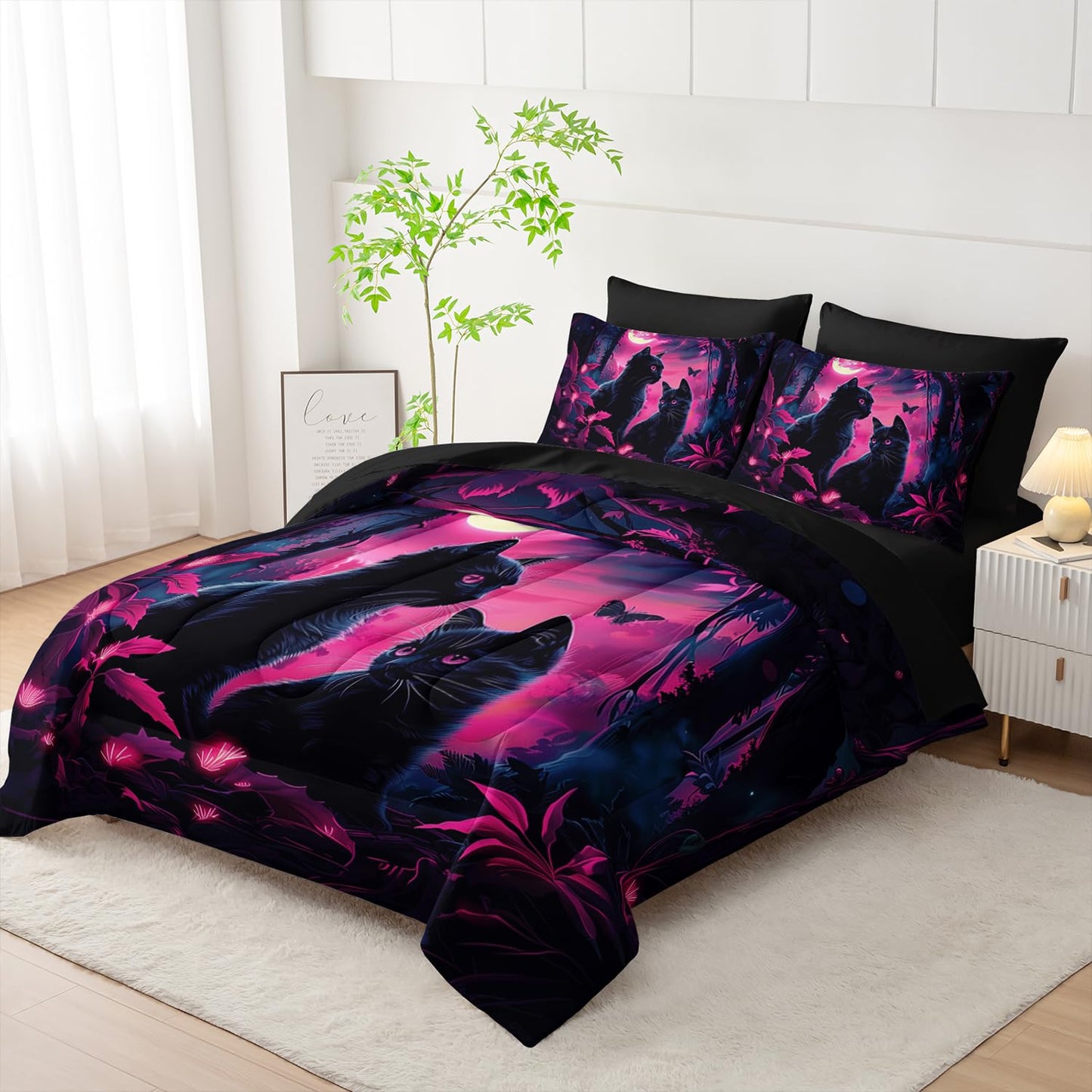 AILONEN 7-Piece Black Cat Comforter Sets Twin Size,Mother Son Kitten Bedding Set Bed in a Bag for Kids,Boho Style Comforter & Fitted Sheet with Flat Sheet & 2 Pillowcases,2 Pillow Shams