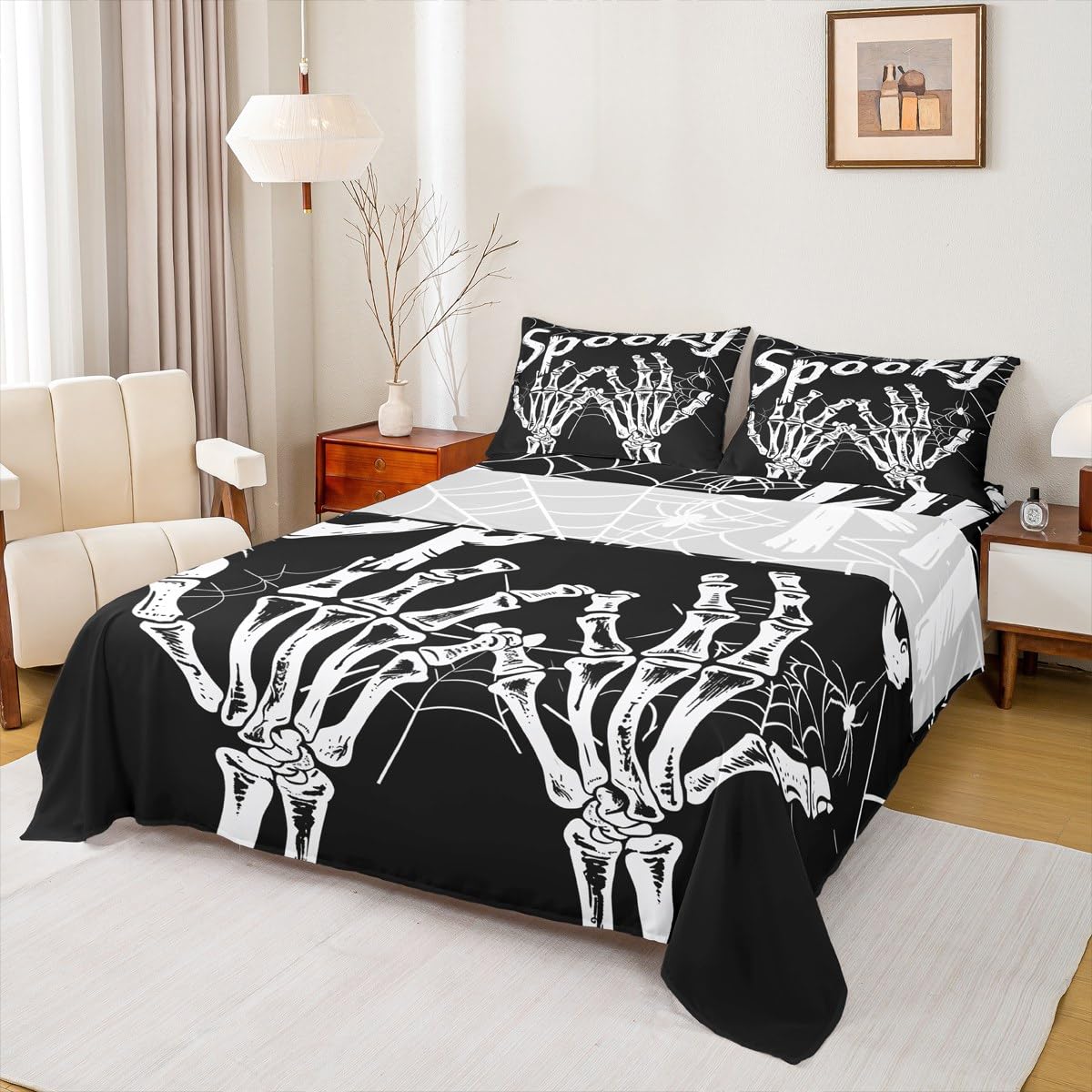 Feelyou Halloween Decor Bed Sheets Set Full Size Skeleton Bones Bed Set Gothic Deep Pocket Fitted Sheet Spider Web Breathable Soft Lightweight Microfiber