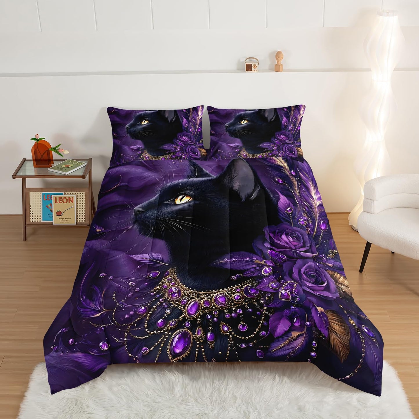 HOSIMA Cat Twin Size Comforter,Black Cat Wearing Diamond Necklace Print Animal Bedding for Women Girls Room Decor,Flowers and Feather Pattern Aesthetic Comforter with 2 Pillowcases.