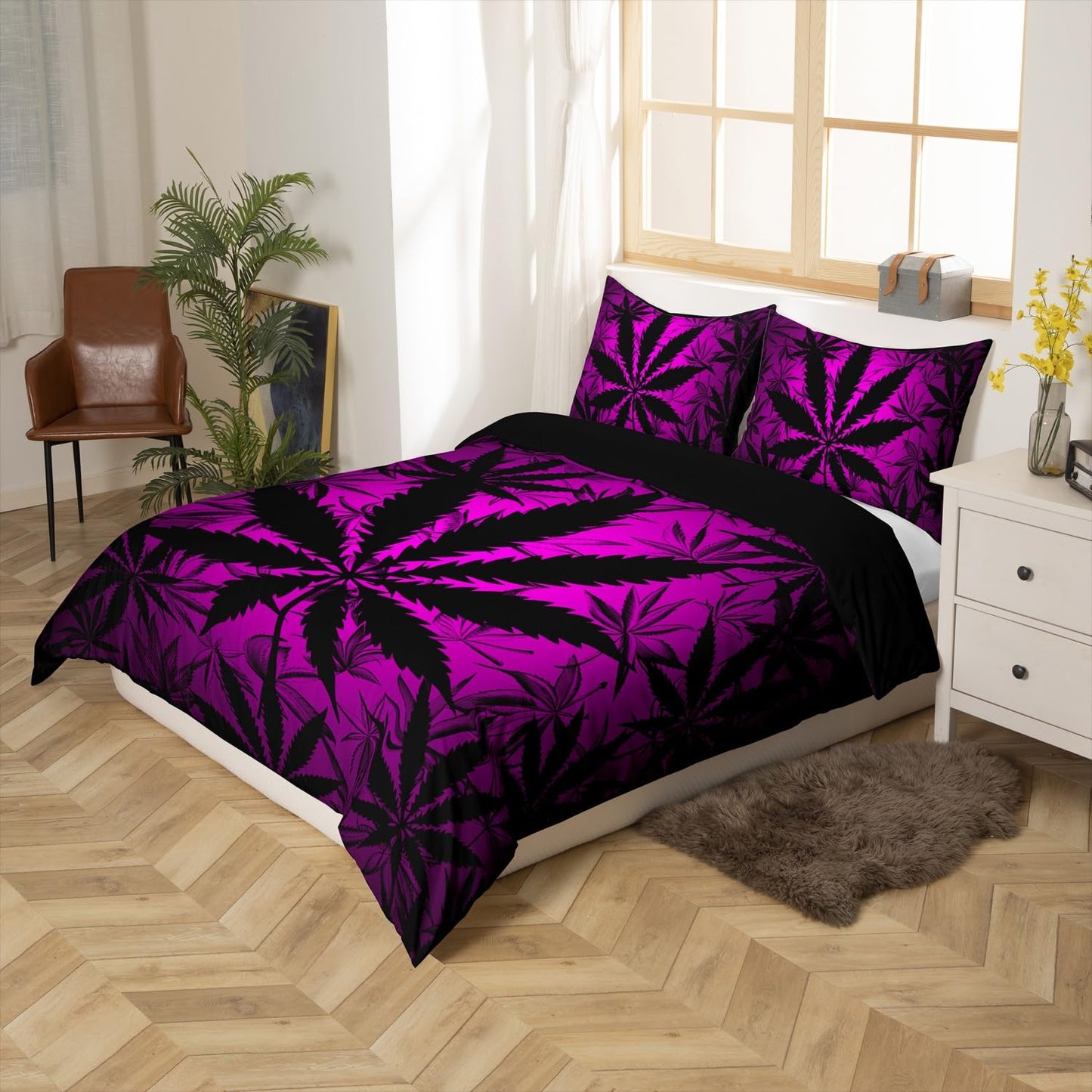 Erosebridal Leaf Bedding Set for Kids Boys Girls Teens,Neon Leaves Duvet Cover Queen,Leaf Bed Sets Lightweight,Botanical Plants Quilt Cover with 2 Pillowcases