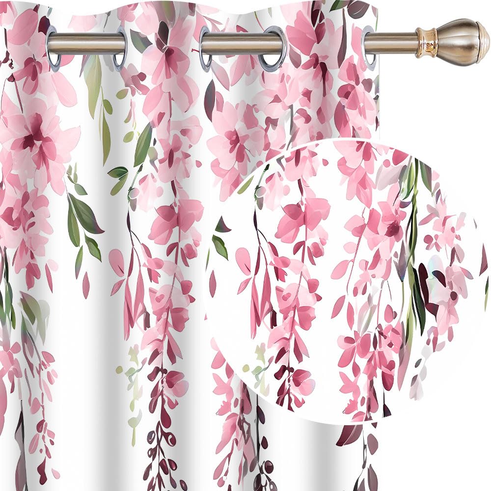 EOTDMS Pink Watercolor Floral Curtains 84 inches Long, Botanical Leaves Vine Flowers Rustic Farmhouse Curtains, Blackout Window Treatment Drapes for Bedroom Living Room 42x84inch, 2 Panels