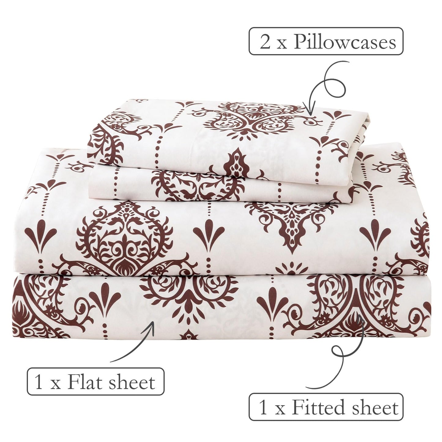 ChicView King Size Paisley Printed Sheet Set,4 Pieces Boho Style Breathable Soft Microfiber Bedsheets, Anti Pilling Deep Pockets Easy Care Bed Sheets, Brown
