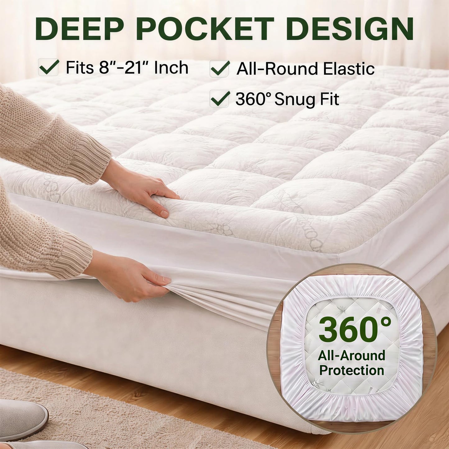 Waterproof Mattress Topper Queen - Extra Thick Breathable Bamboo Mattress Pad for Back Pain Relief, Up to 21 Inch Deep Pocket, Soft Cooling Cover for Hot Sleepers & Pets, Washable