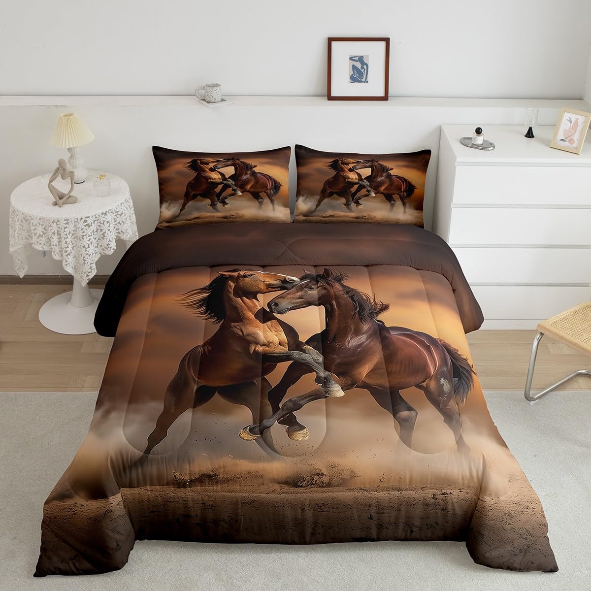 Erosebridal Horse Quilt with Flat Fitted Sheet 7 Piece Twin 3D Horse Printed Bedding Sets Farmhouse Wild Animal Pattern Comforter Set Funny Horse Battle Theme Bed in A Bag for Kids Boys Teens,Brown