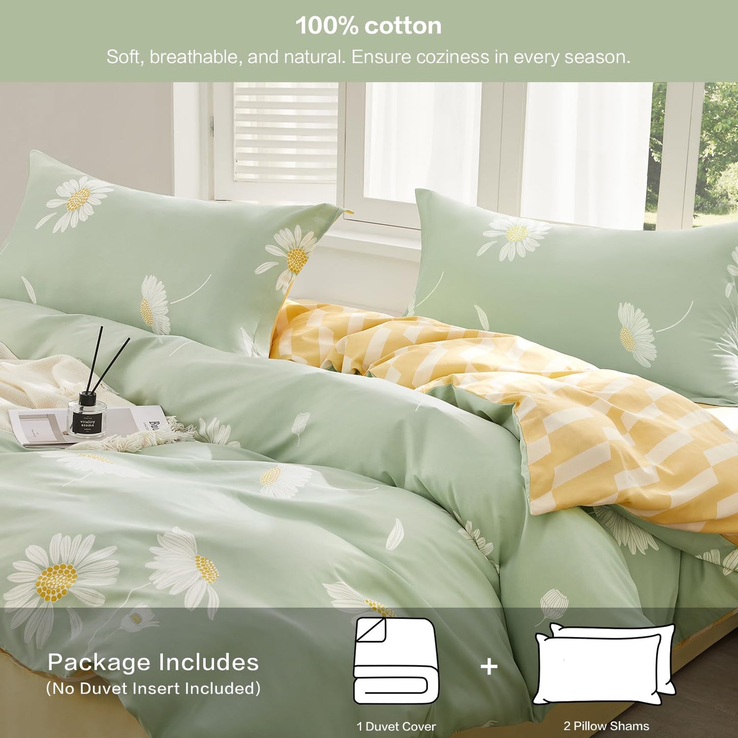 SAPHREAS Floral Daisy Duvet Cover Set Full Size 3pcs Sage Green White Flower Bedding Comforter Cover Set 100% Cotton 1 Duvet Cover 90"x80" 2 Pillow Shams, Comforter Not Included