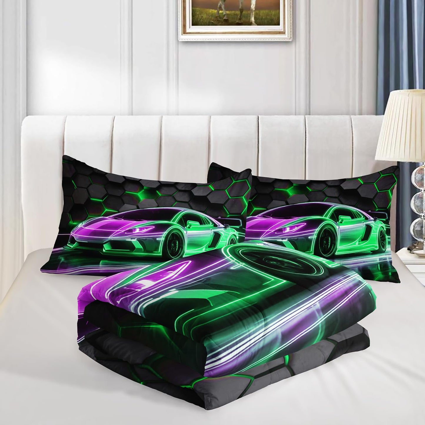 HOSIMA Kids Race Car Queen Bedding Sets,Hexagon Geometric Honeycomb Pattern Cool Extreme Sports Bedding for Boys Men Car Room Decor,Gaming Comforter with 2 Pillowcases.