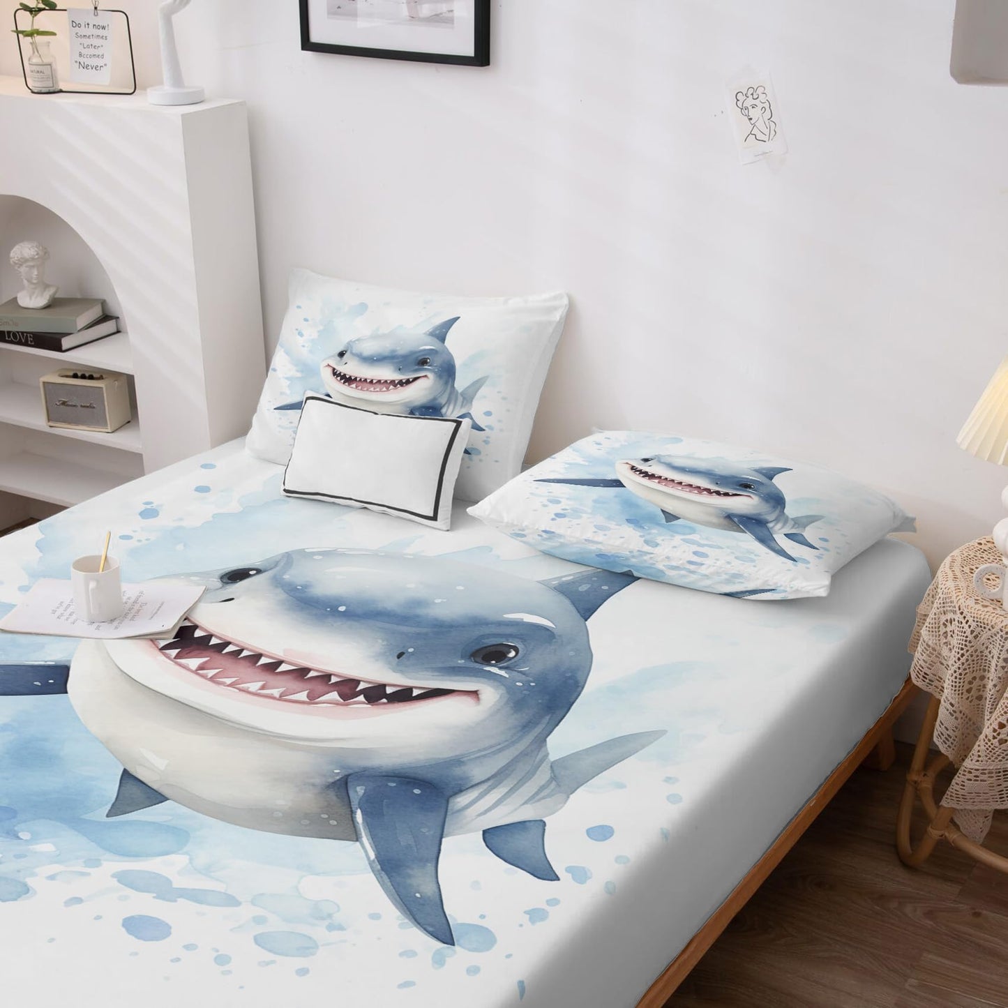 Rejkxyw King Size Sheets Set Blue Shark - Cartoon Bed Sheets - Kids Boys Sheet Set - 12 Inch Deep Pocket - Ultra Soft Winkle Free Microfiber Bedding Sheets & Pillowcases 4 Piece