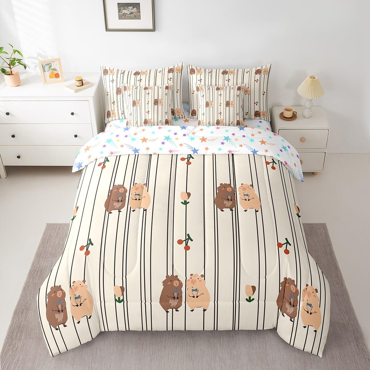 Cute Capybara Twin Comforter Set with Sheets, Lovely Beaver 7 Piece Bedding Set Cherry Fruit Geometric Flowers Pattern Bed in a Bag, Natural Theme Rodents Rodent Animals Print Decor