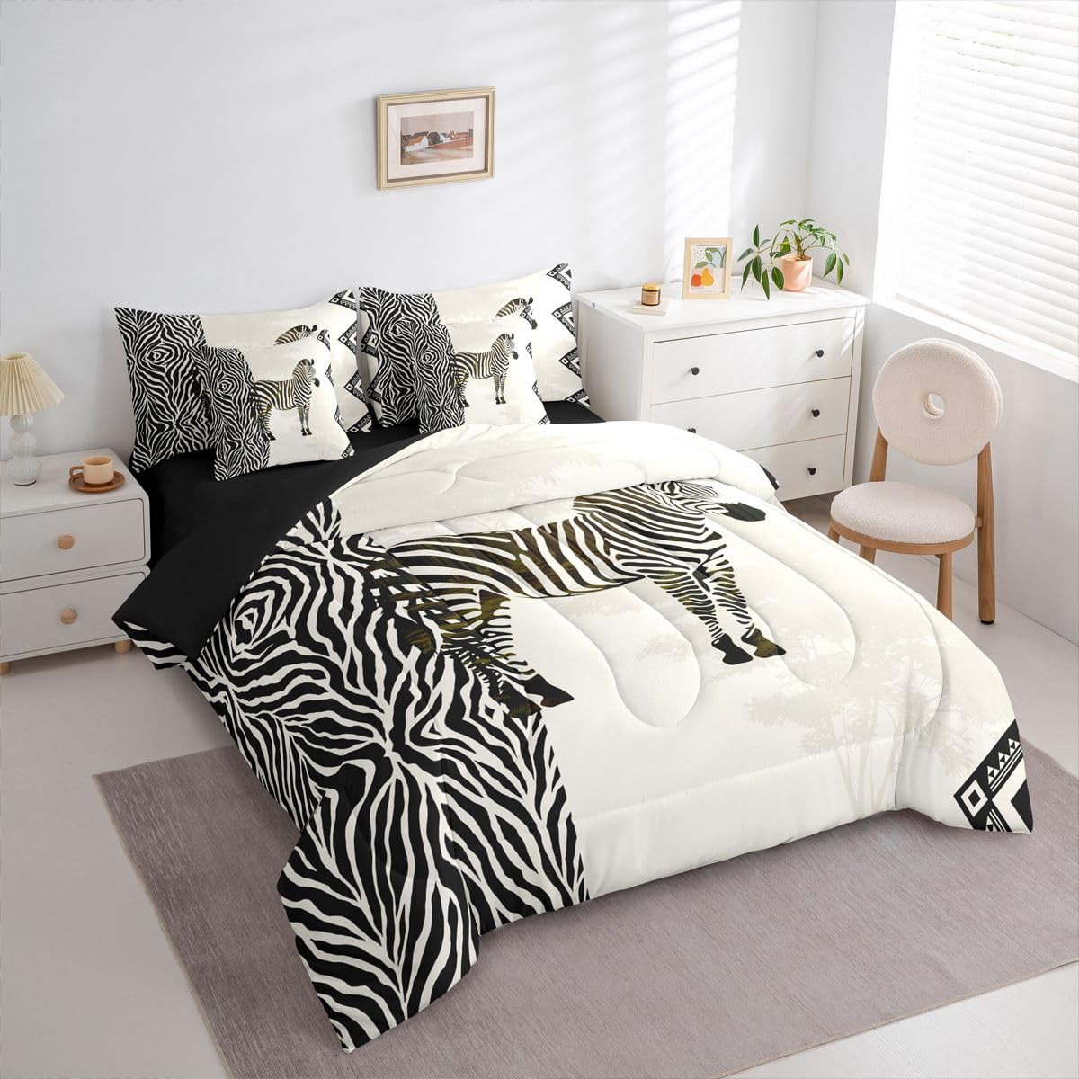 Erosebridal Zebra 7 Piece Bedding Set Full Zebra Stripes Comforter Set with Sheets Woodland Silhouette Wild Animal Skin Bed in a Bag African Animal Lover for Kids Boys Girls