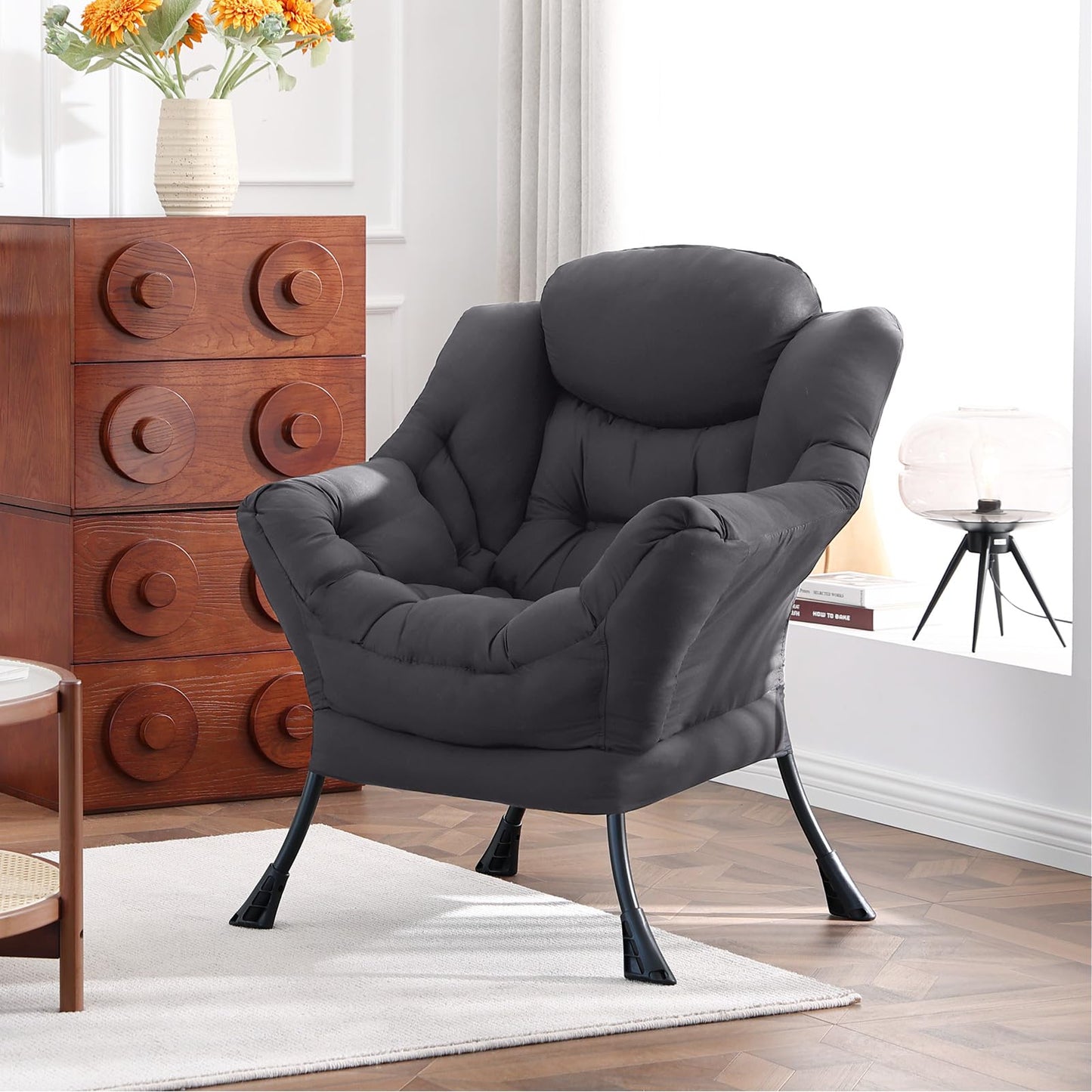 HomEastlly Lazy Chair, Large Accent Chair, Modern Comfy Armchair, Dark Grey Chair for Living Room Bedroom Dorm Room Office Apartment Reading Relaxing Use