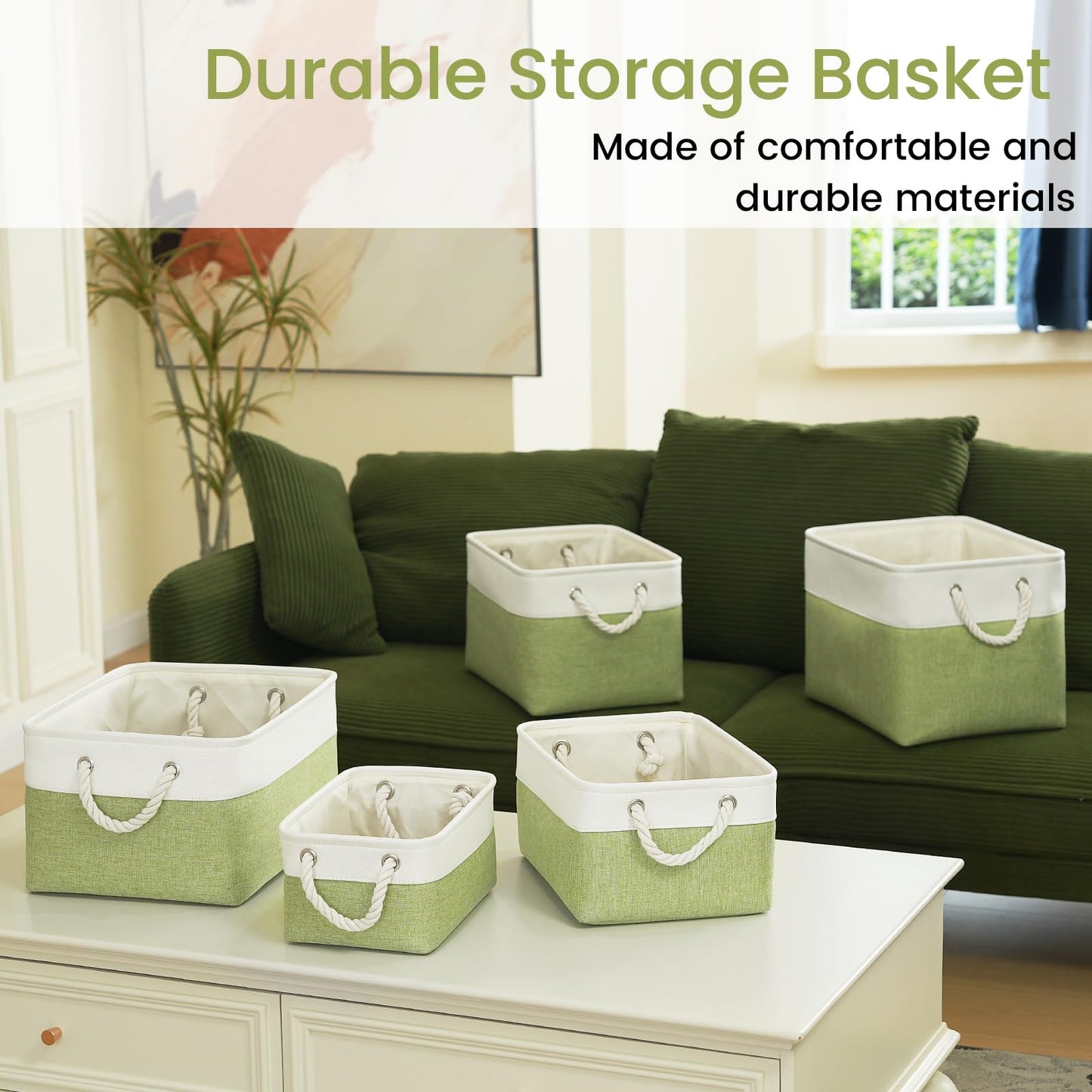 VQRTEXA Storage Baskets for Shelves 11.8x7.9x5.2 Inch, Foldable Fabric Storage Bins with Handles, Small Storage Baskets for Organizing Closet, Office, Home Organization (3-Pack, White&Green)